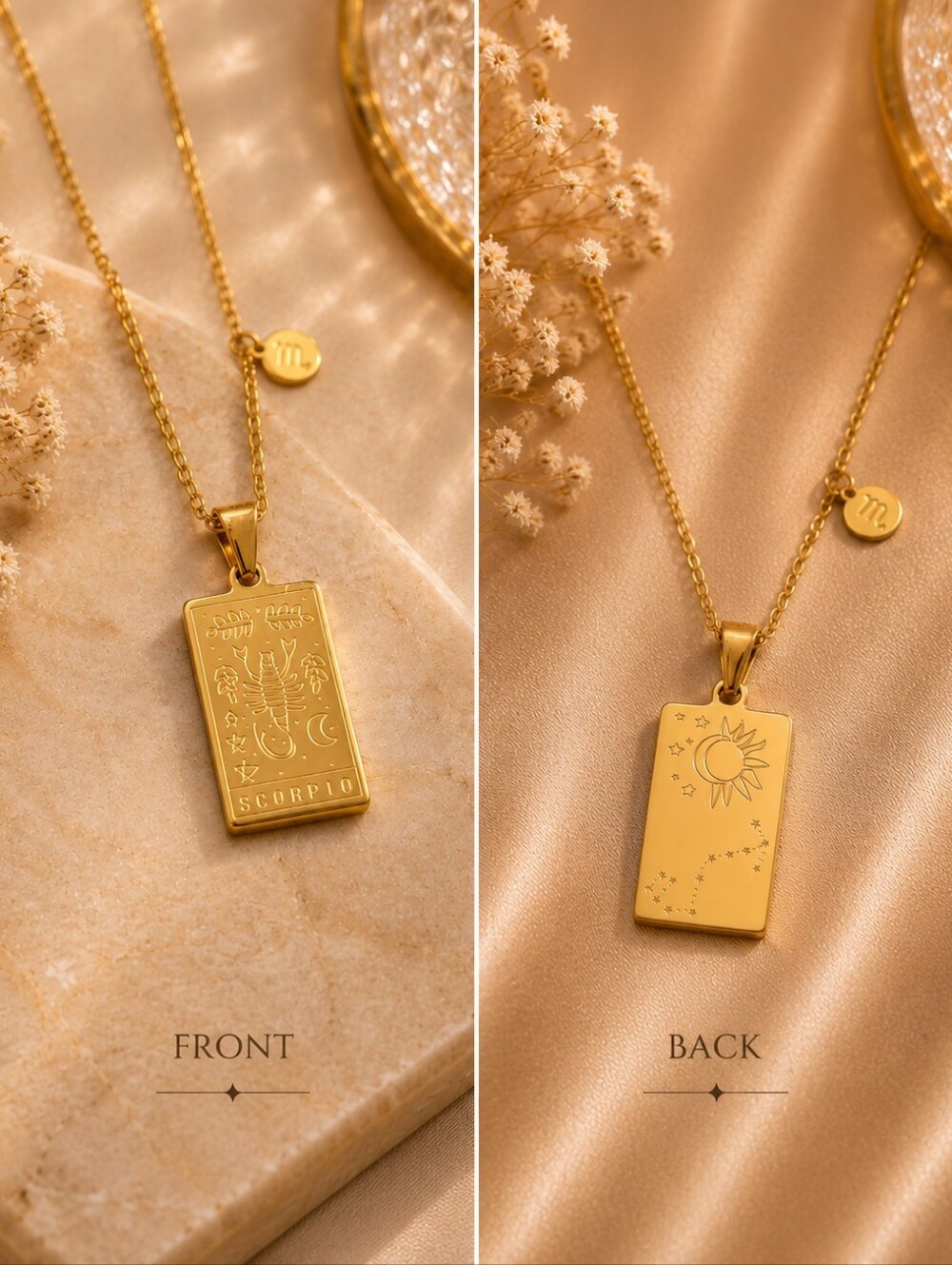 Scorpio Zodiac Tarot Card Necklace 18K Gold Plated Titanium Steel Double-Sided